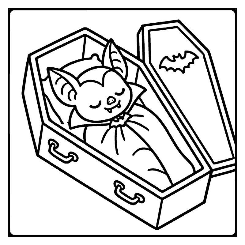 A cute vampire bat is sleeping in an open coffin with a bat sticker on the lid