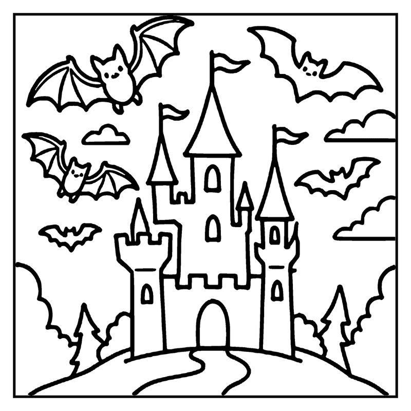 A spooky castle with bats flying around it