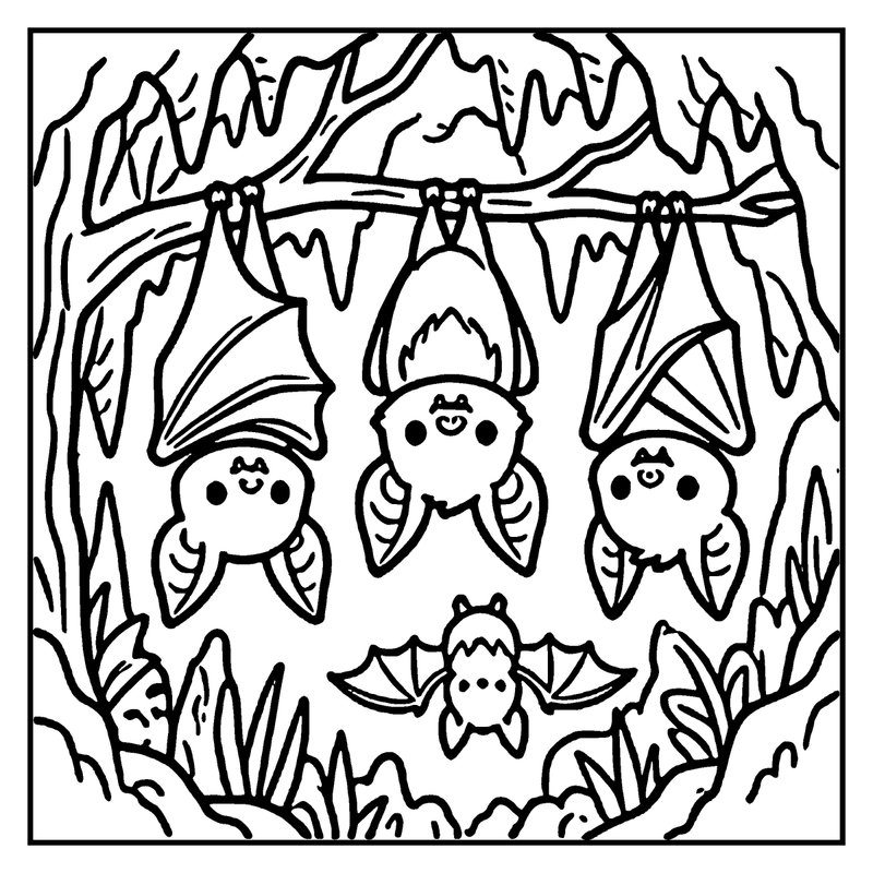 Three cute bats hanging upside down in a tree, surrounded by leaves and branches