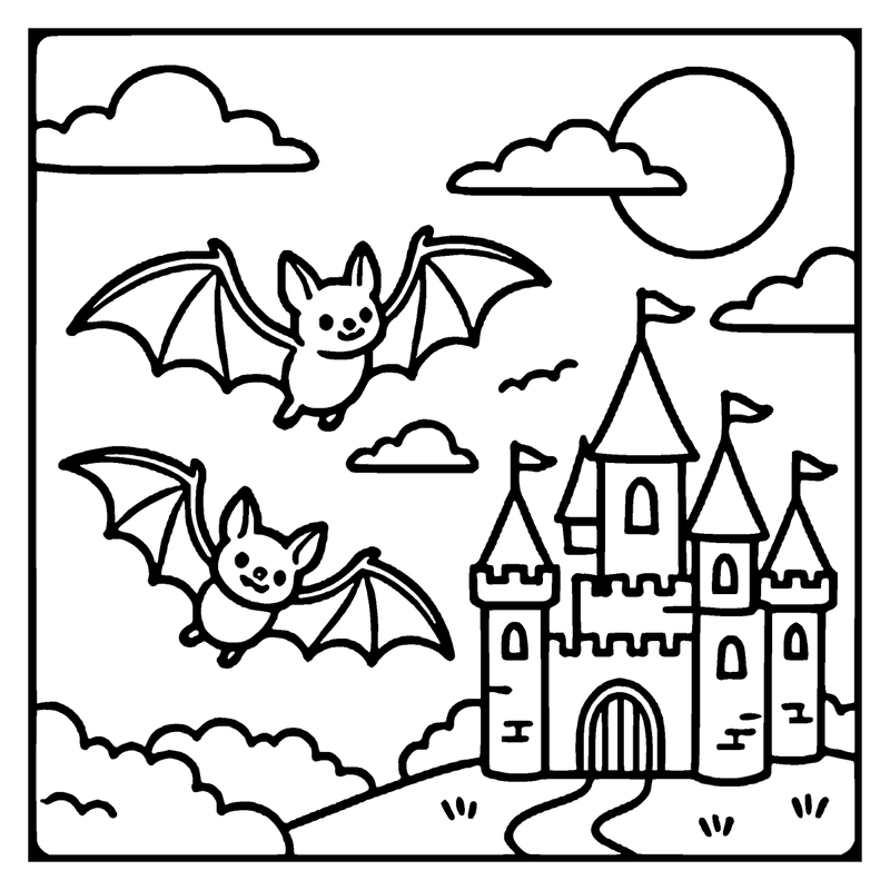 Two bats flying in the sky above a castle with flags and a moon