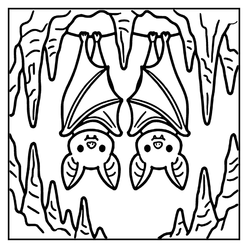 Two cute bats hanging upside down from tree branches