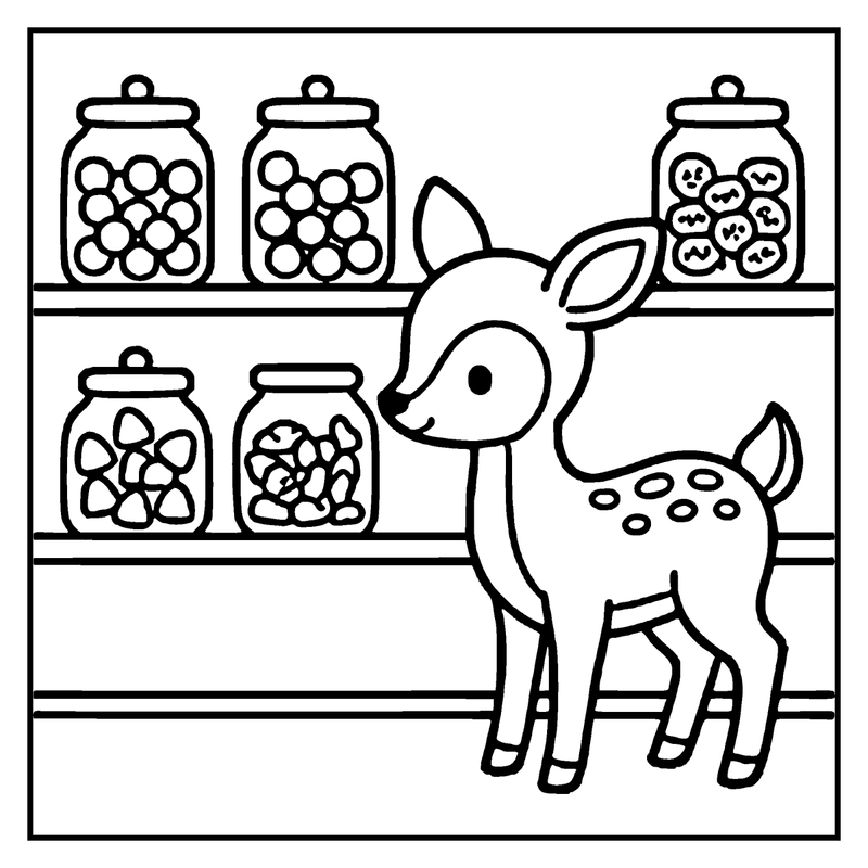 A baby deer stands next to shelves with jars of colorful candies, a candy coloring page