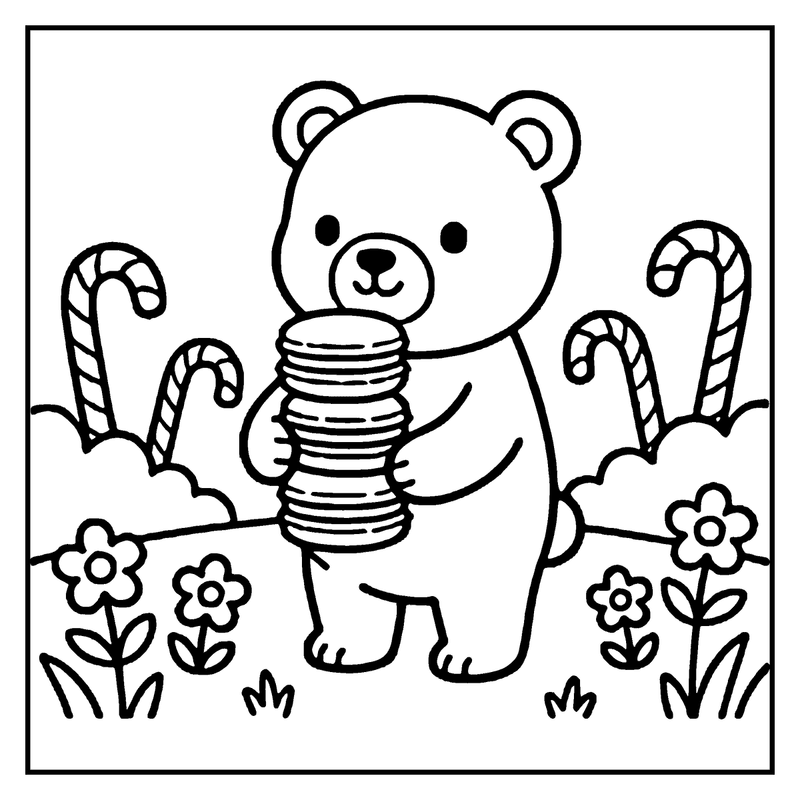 A bear is holding a stack of candy canes in a garden with flowers and candy canes