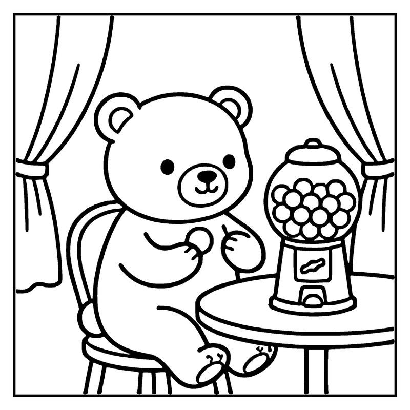 A bear sits at a table, eating a gumball from a gumball machine, a candy coloring page