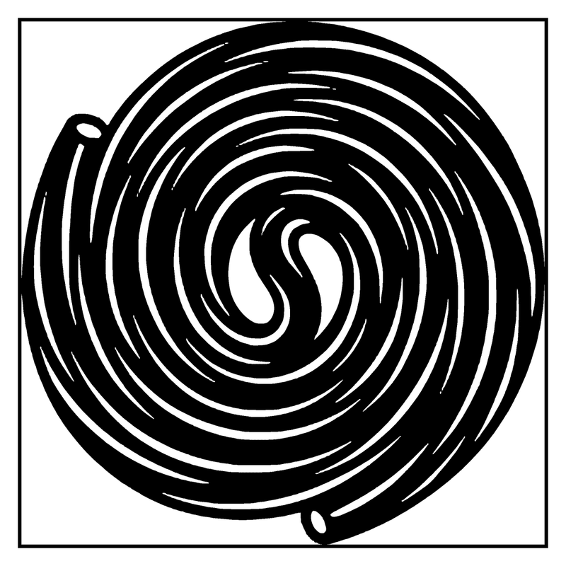 A black spiral with a white flame in the center, set against a white background, a candy coloring page