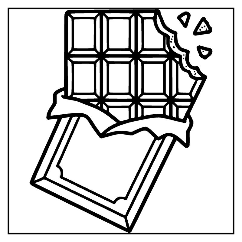 A broken chocolate bar with a bite taken out of it, showing the white chocolate inside, a candy coloring page