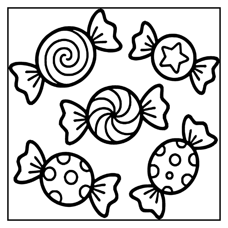A children's coloring page drawing features five different types of candies, each with unique designs and patterns, a candy coloring page