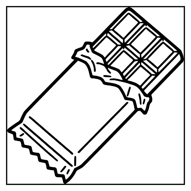 A chocolate bar in a wrapper, lying on its side, with a bite taken out of it, a candy coloring page