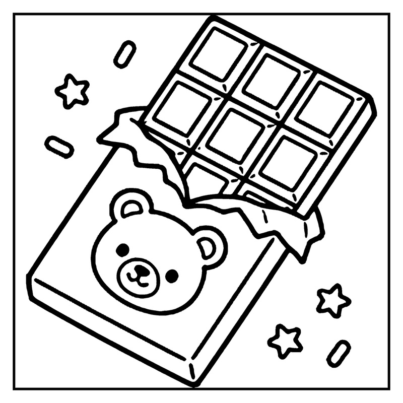 A chocolate bar with a bear's face is being bitten into, surrounded by stars, a candy coloring page