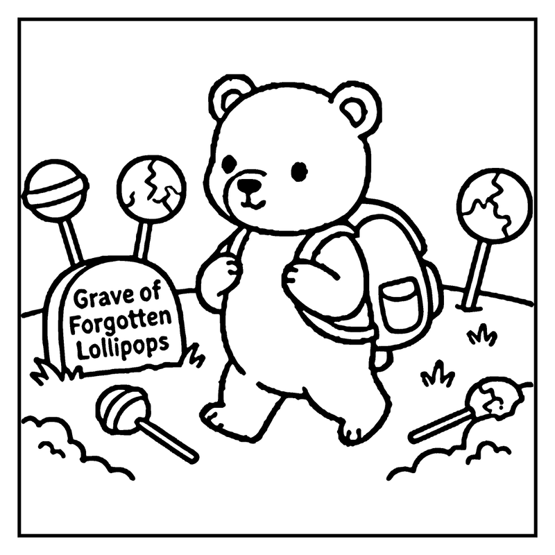 A cute bear is walking past a tombstone labeled "Grave of Forgotten Lollipops", a candy coloring page
