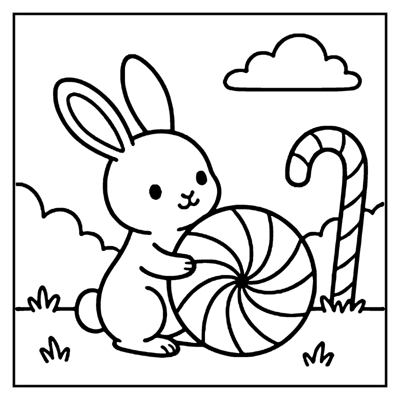 A cute bunny is holding a giant candy cane, standing on grass with a cloud in the sky above
