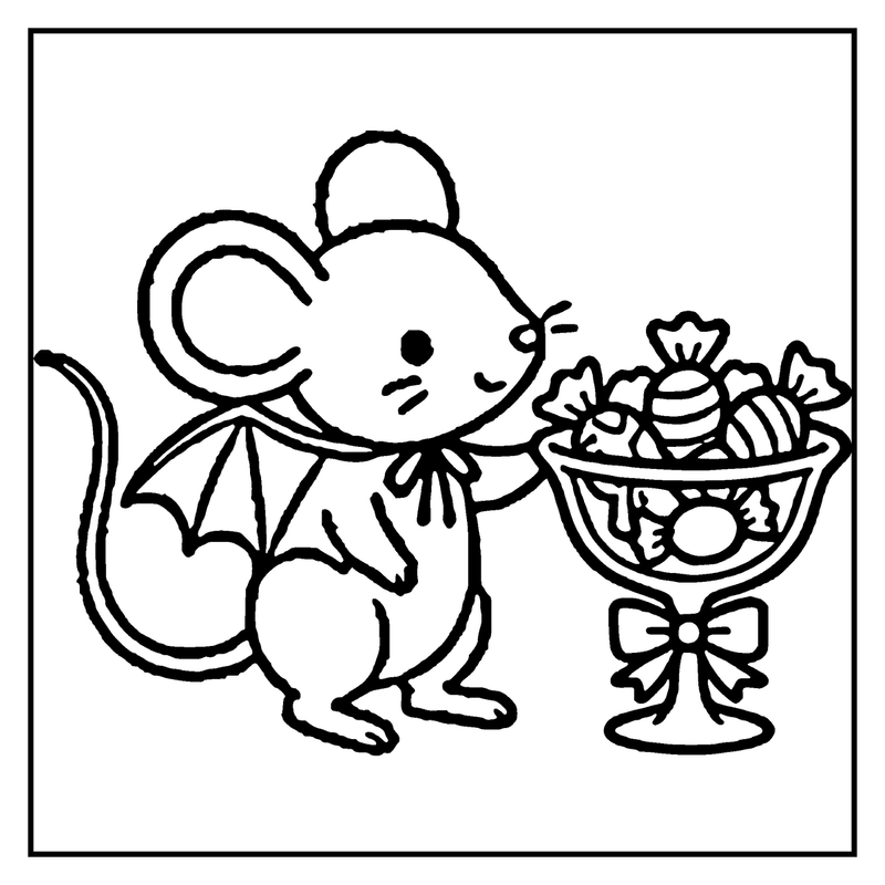 A cute mouse in a bat costume is holding a bowl of colorful candies, a candy coloring page