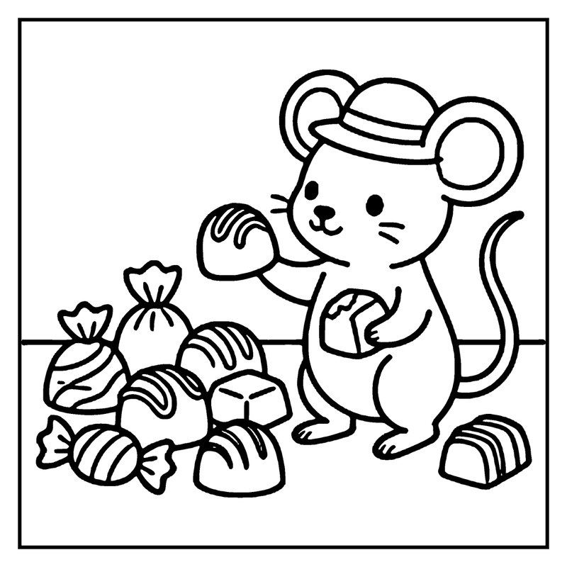 A cute mouse is holding a lollipop and standing next to a pile of colorful candies, a candy coloring page