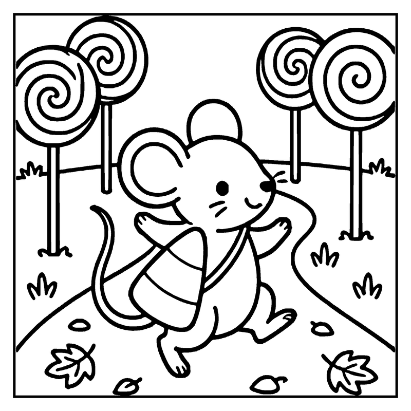 A cute mouse is running through a field with lollipop trees and fallen leaves, a candy coloring page