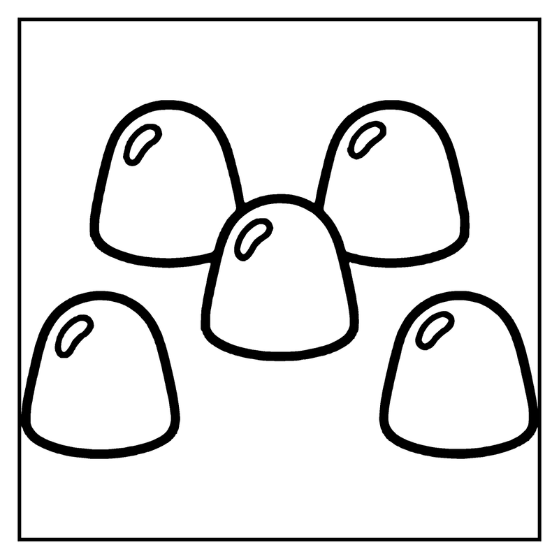 Five round, flat objects with small protrusions are arranged in a scattered pattern, a candy coloring page