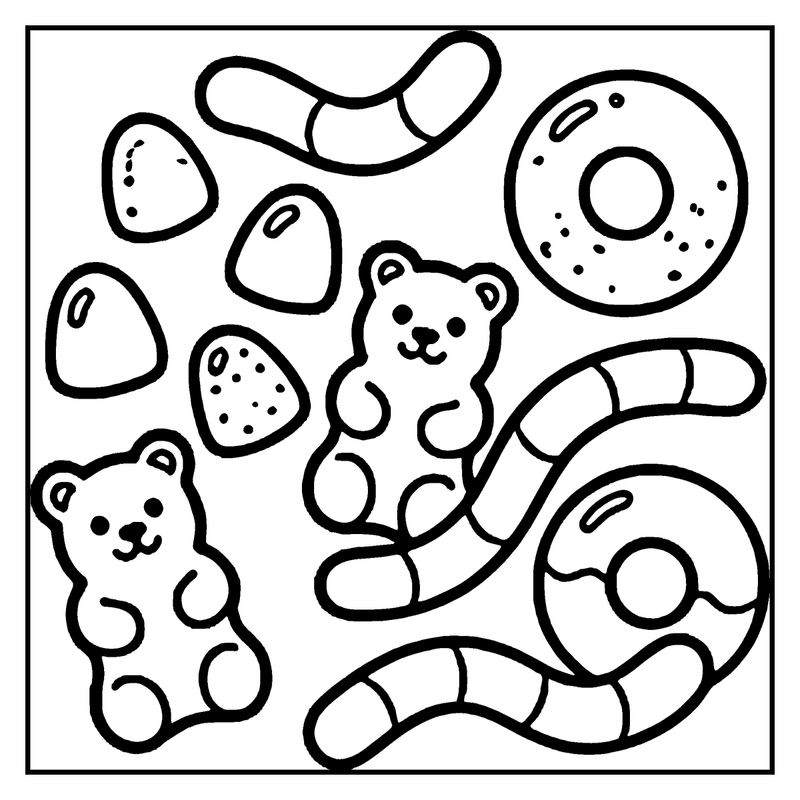 Gummy bears and donuts are sitting together on a white background, a candy coloring page