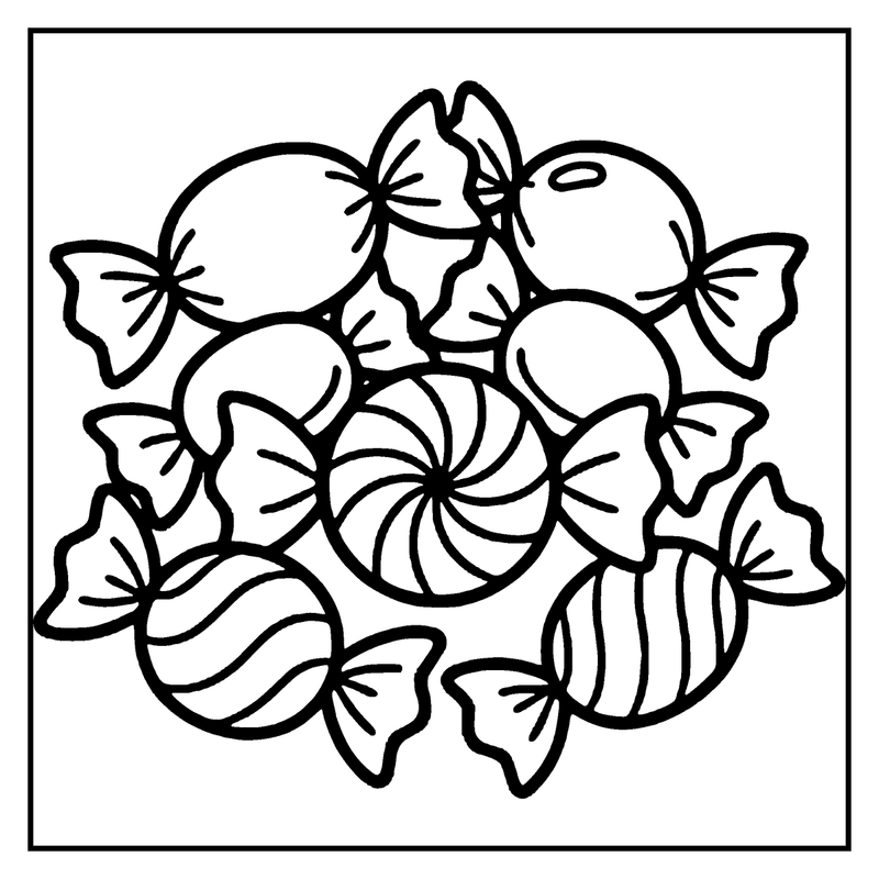 The image depicts a black and white drawing of various candies, including striped, spiral, and bow-tied shapes, arranged in a circular pattern, a candy coloring page