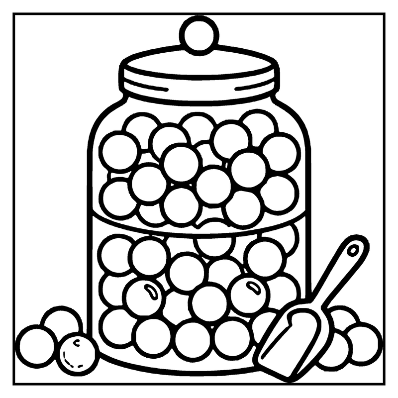 A jar filled with round candies, a scoop beside it, and a lid on top, a candy coloring page