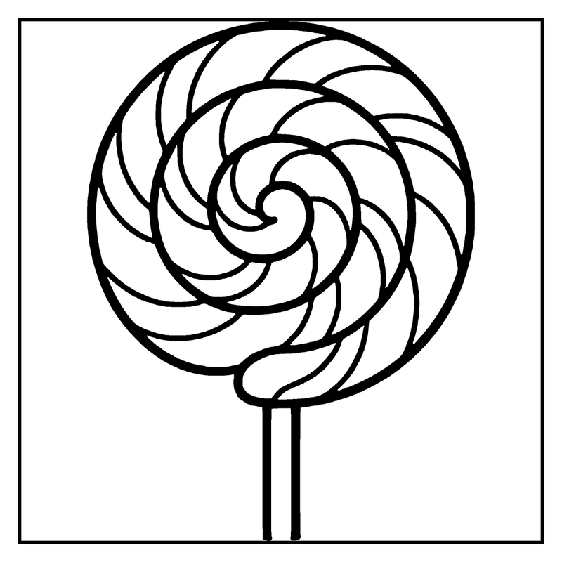 A lollipop with a spiral design is shown on a stick, ready for coloring, a candy coloring page