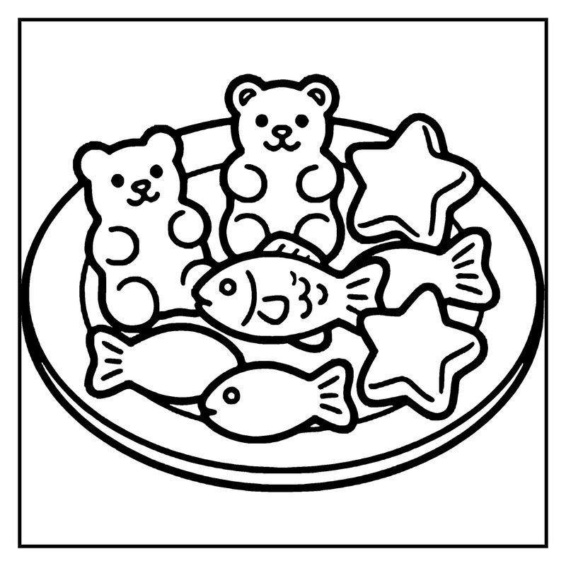 A plate with gummy bears, fish, and star-shaped candies, a candy coloring page