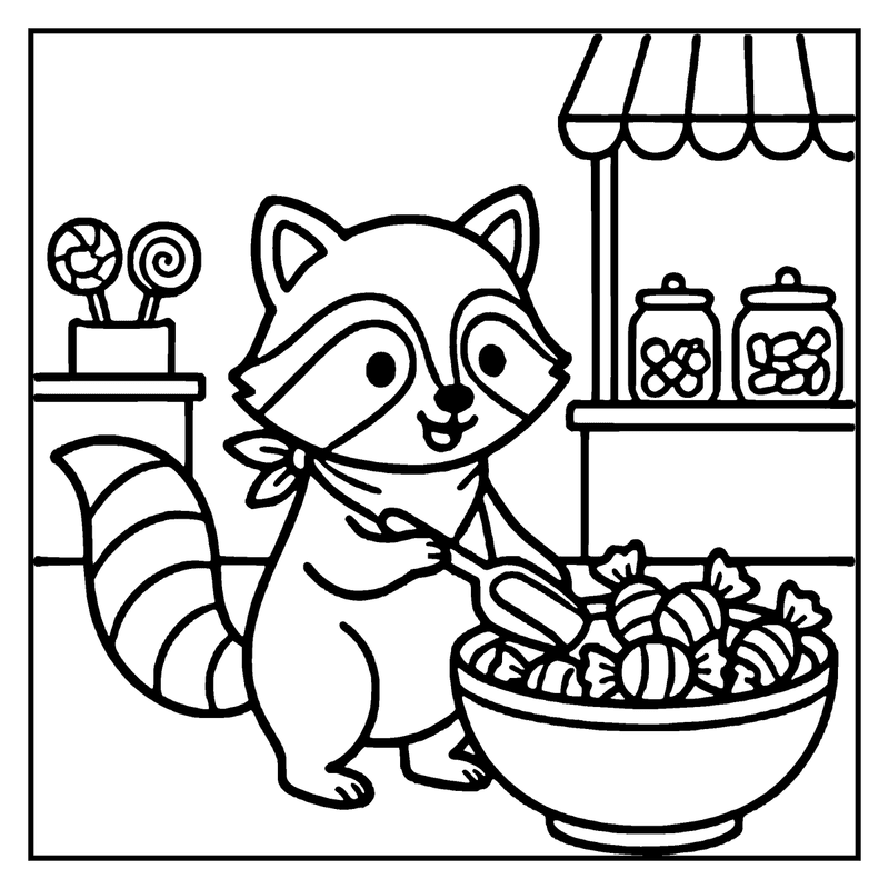 A raccoon wearing an apron is scooping candy from a bowl in a candy shop