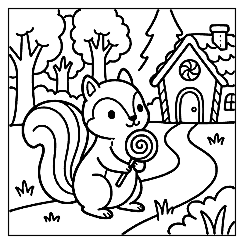A squirrel holding a lollipop in front of a gingerbread house in a forest, a candy coloring page