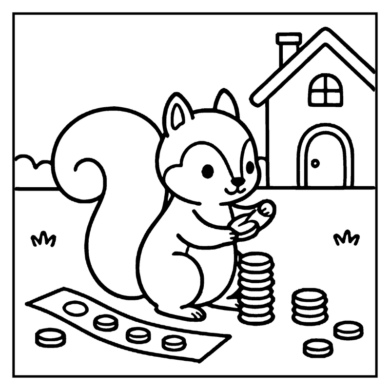 A squirrel is counting coins by a house with a chimney and a door, a candy coloring page