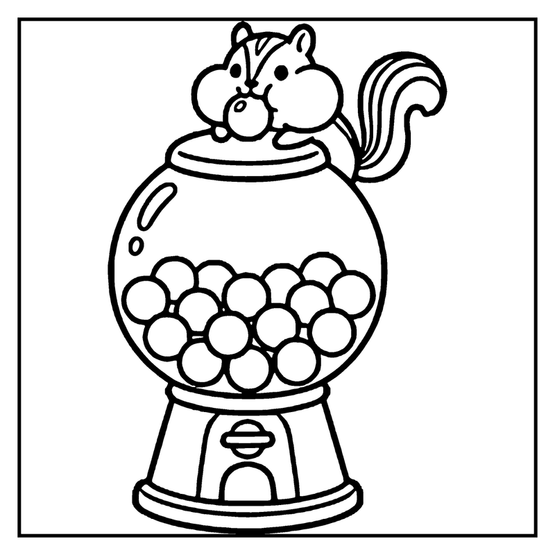 A squirrel is eating a gumball from a gumball machine, a candy coloring page