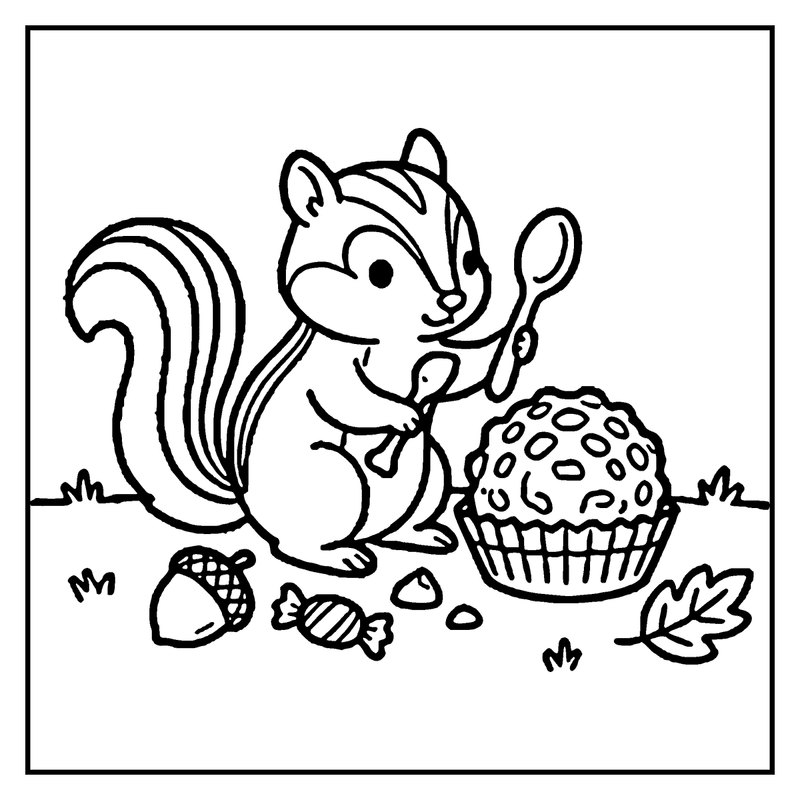 A squirrel is happily eating a muffin with a spoon, surrounded by autumn leaves and candy