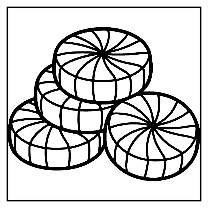 A stack of round, striped candies with a spiral pattern on top, a candy coloring page