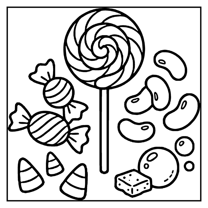 This drawing depicts a lollipop with a striped candy and various candies around it