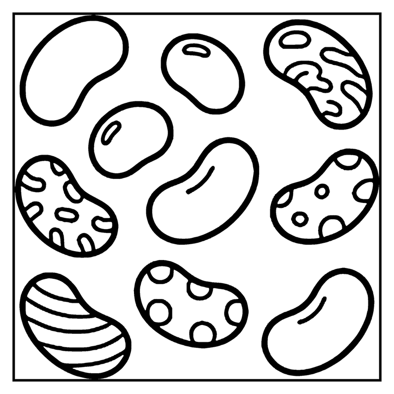 Various beans with different patterns and shapes, a candy coloring page