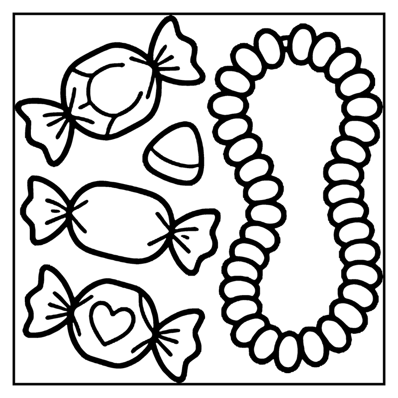 Various candies, including heart-shaped, wrapped, and licorice, a candy coloring page