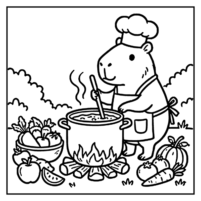 A capybara chef cooks soup over a campfire, surrounded by fresh vegetables, a capybara coloring page