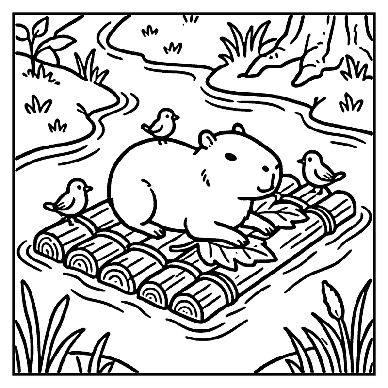 A capybara is building a log raft in a pond with birds perched on it, a capybara coloring page