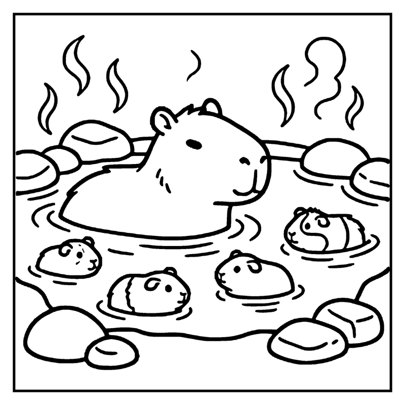 A capybara is floating in warm water, smiling, with steam rising, surrounded by rocks and tadpoles, a capybara coloring page