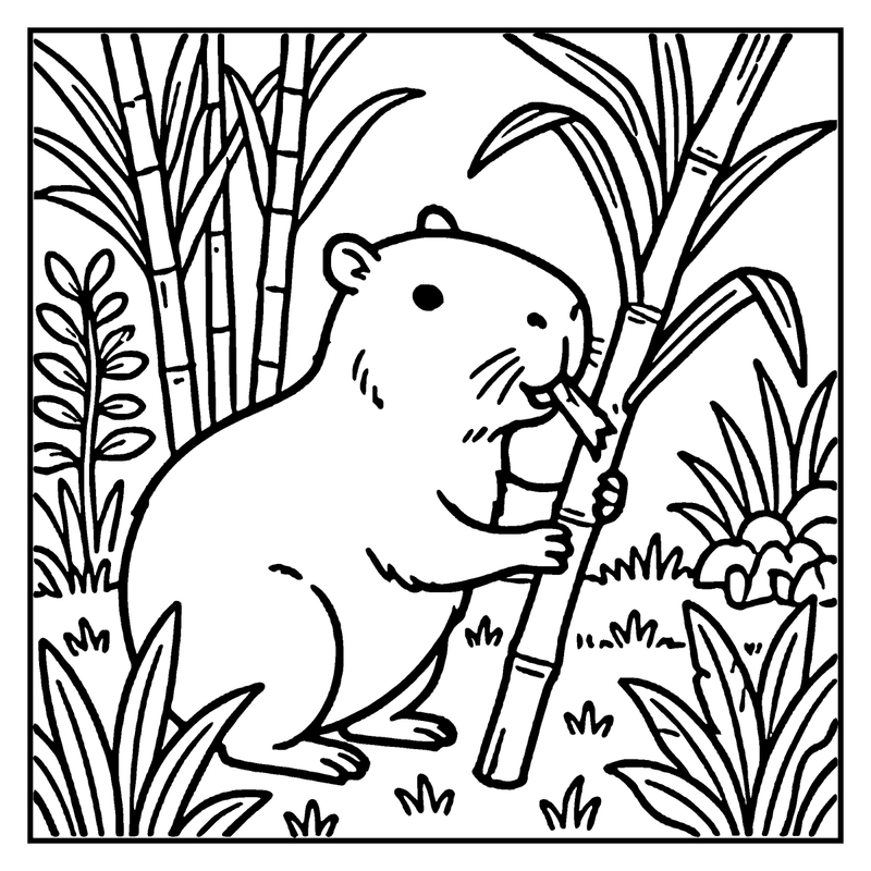 A capybara is holding a bamboo stick in a forest with tall bamboo stalks and leaves, a capybara coloring page