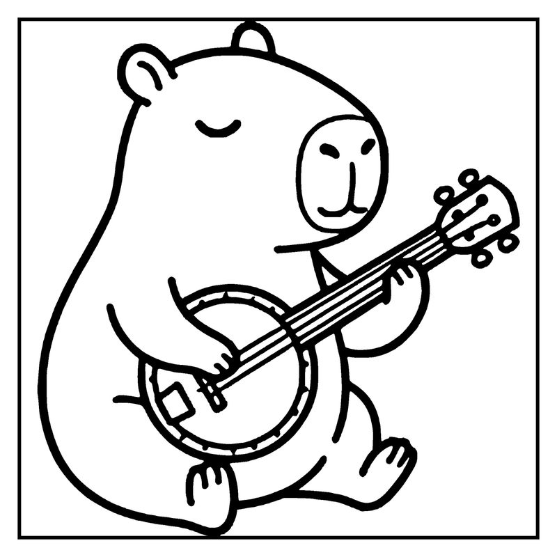 A capybara is playing a banjo, sitting with its eyes closed, a capybara coloring page