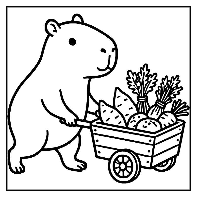 A capybara is pushing a cart filled with vegetables and fruits, a capybara coloring page