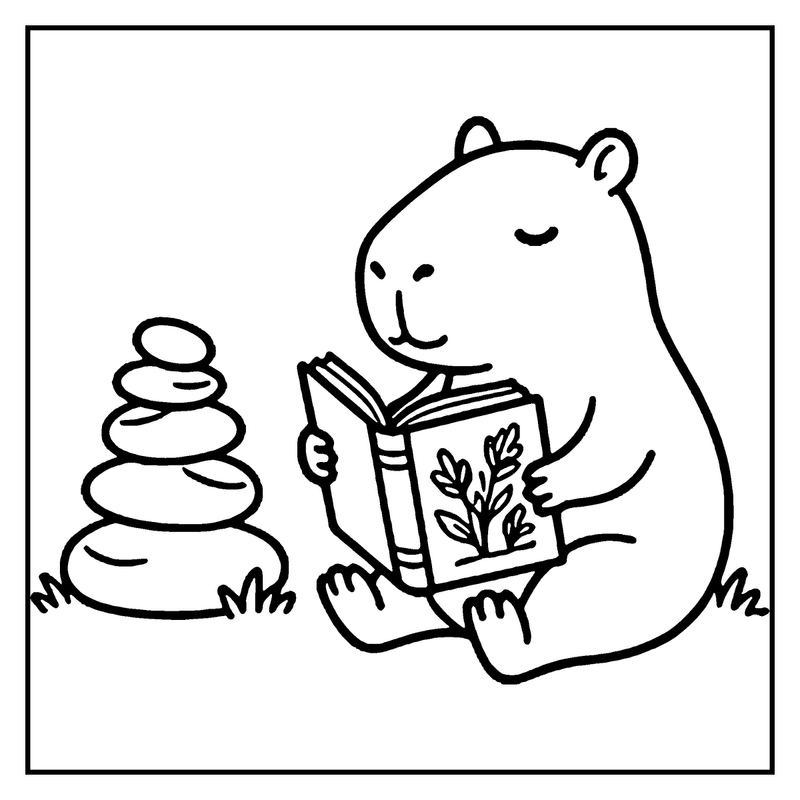 A capybara is reading a book about plants, sitting on grass next to a stack of stones, a capybara coloring page