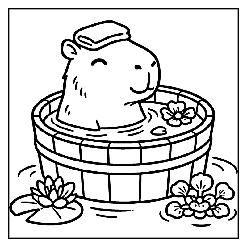 A capybara is relaxing in a wooden barrel, enjoying a flower, with lily pads nearby, a capybara coloring page