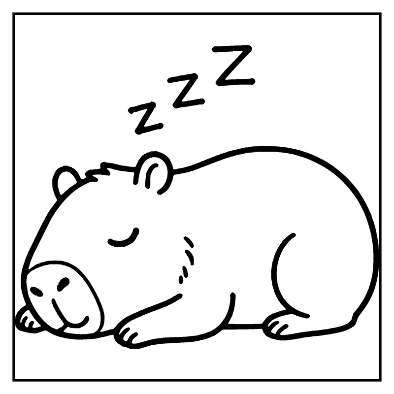 A capybara is sleeping soundly with its eyes closed and a peaceful expression, a capybara coloring page
