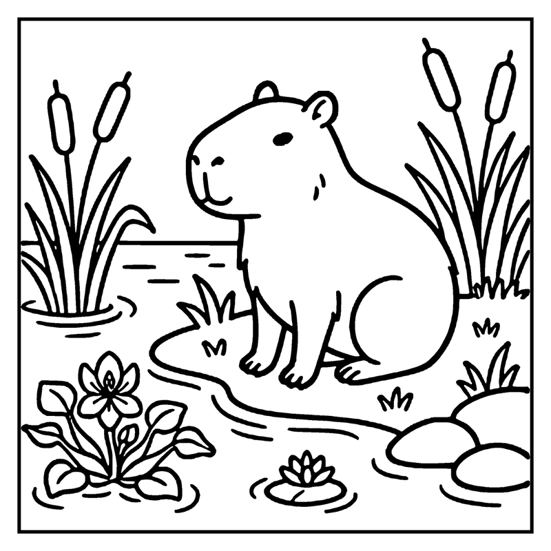 A capybara is standing in a pond, surrounded by cattails, water lilies, and rocks, a capybara coloring page