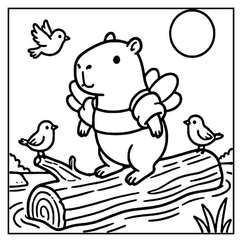 A capybara is standing on a log, surrounded by birds and a bird flying in the sky, a capybara coloring page