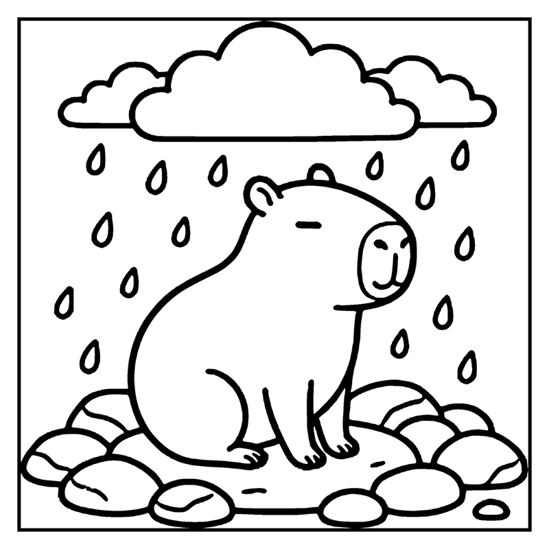 A capybara is standing on rocks, looking sad under a cloud with raindrops falling, a capybara coloring page