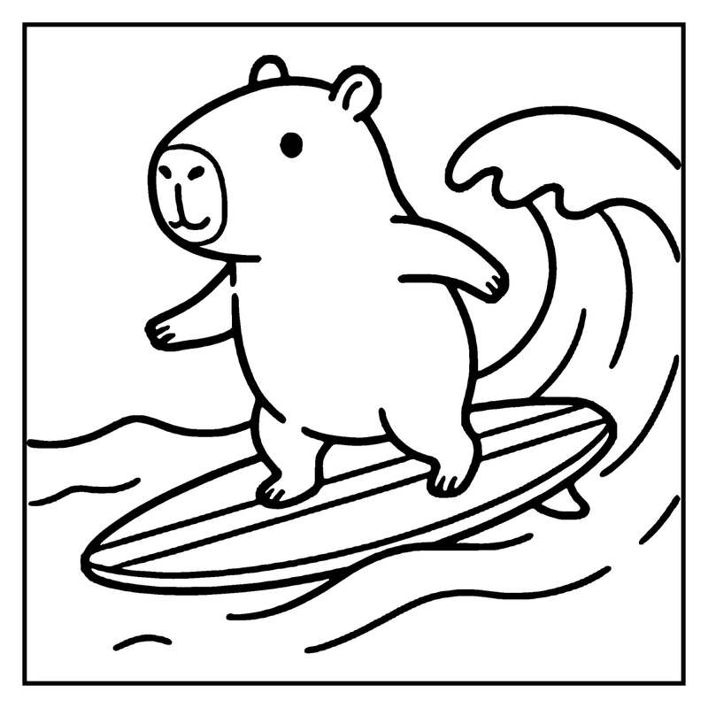 A capybara is surfing on a wave on a surfboard, with a happy expression, a capybara coloring page