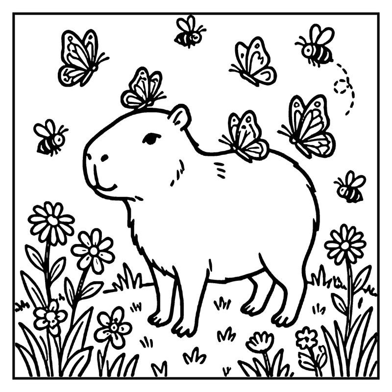 A capybara is surrounded by flowers and butterflies, enjoying the springtime setting, a capybara coloring page