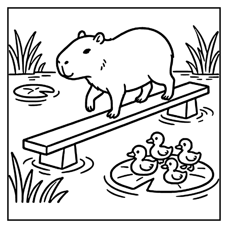 A capybara is walking on a log over water, with ducks swimming nearby and reeds on the bank, a capybara coloring page