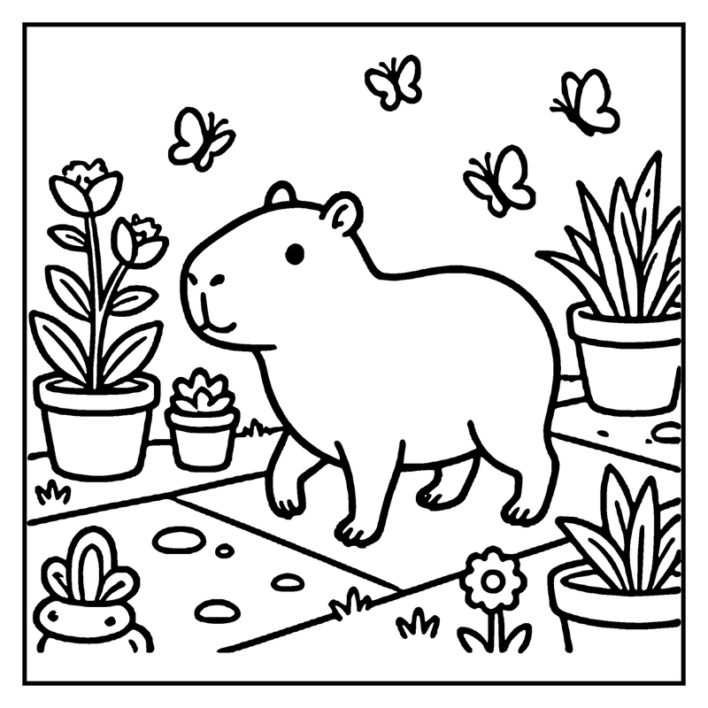 A capybara is watering plants in a garden with butterflies flying around, a capybara coloring page