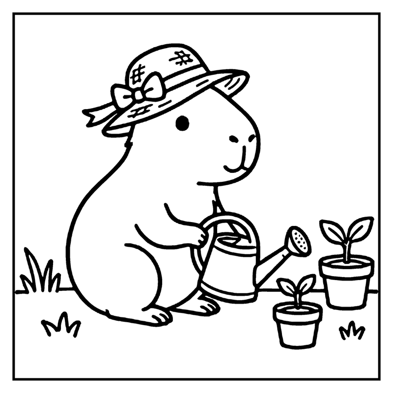 A capybara is watering two small plants in pots, a capybara coloring page